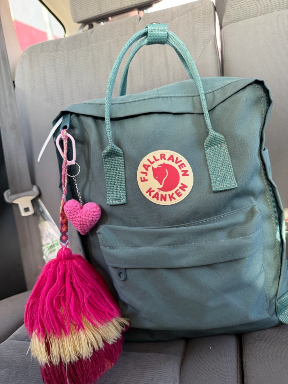 Kånken Backpack in Teal with Pink Tassel Charm